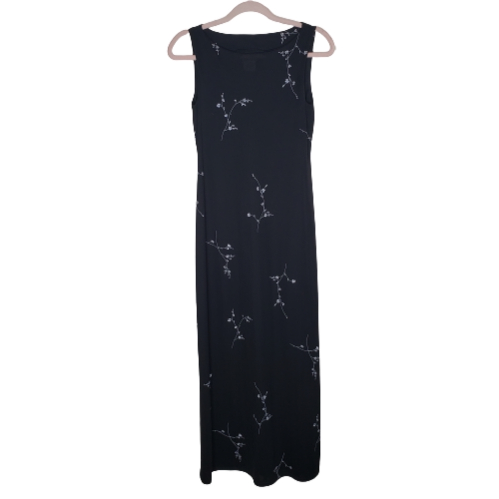 VINTAGE Dress JALATE Black Maxi Sleeveless White Floral Sz S